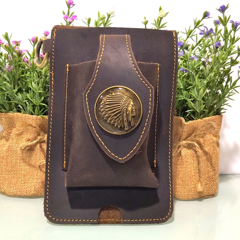 Fashion genuine leather cowhide men's West hanging bag phone pouch for hiking